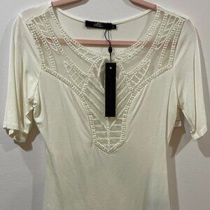 BKE Boutique Buckle Lace Trim Short Sleeve Shirt Layer NWT $49 Size Small